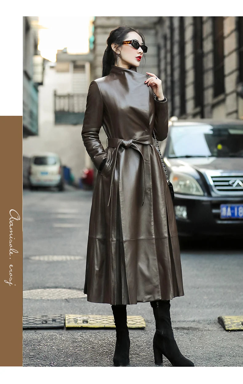 Long Brown Black Soft Faux Leather Trench Coat