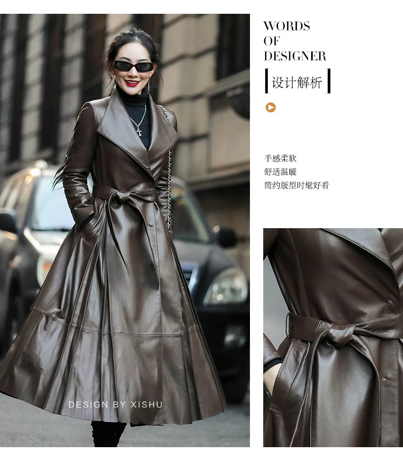 Long Brown Black Soft Faux Leather Trench Coat