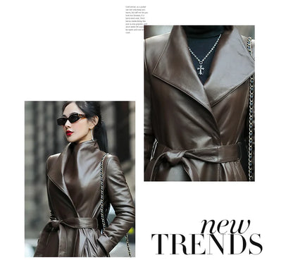 Long Brown Black Soft Faux Leather Trench Coat