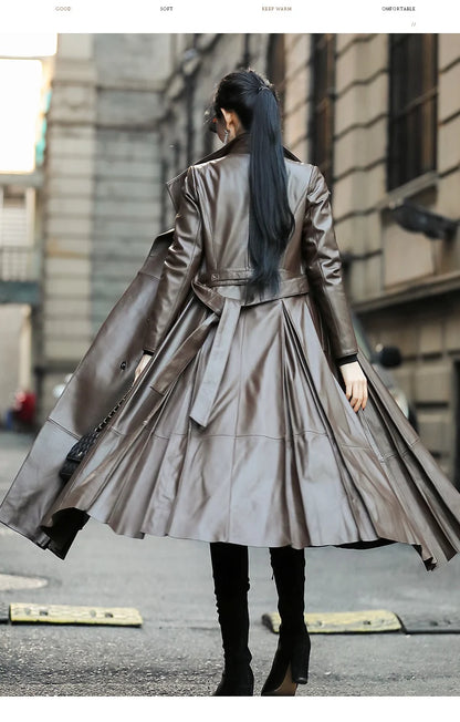 Long Brown Black Soft Faux Leather Trench Coat